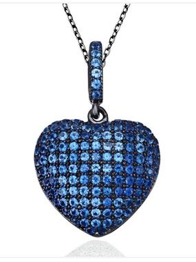 Suzy Levian Blue Cubic Zirconia Blackened Sterling Silver Pave Heart Pendant